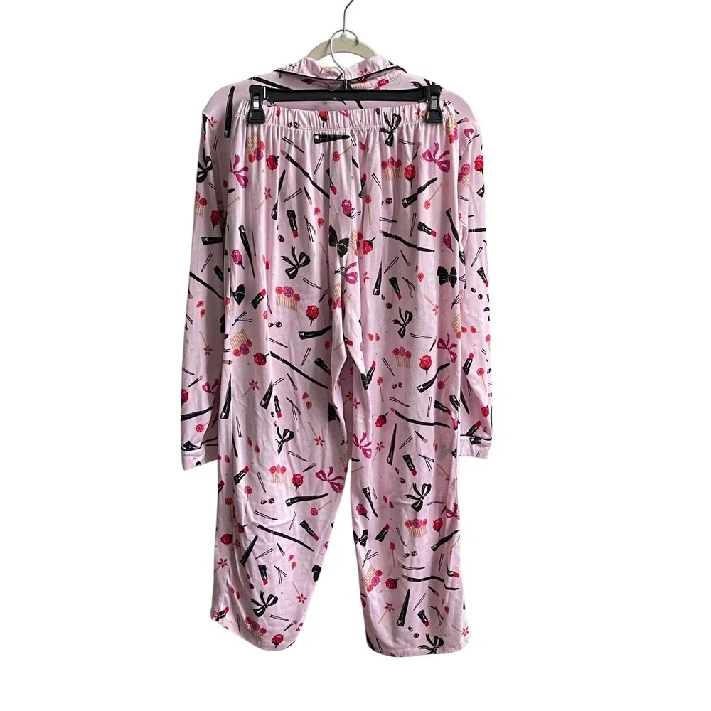 Kate Spade Pajama Set Womens Medium Pink Beauty Print Bows Lipstick Long Sleeve